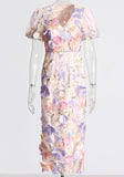 Court Style 2025 Summer New V-Neck Bubble Sleeve Embroidered Three-Dimensional Flower Pencil Dress Female