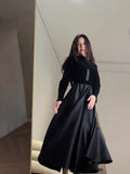 New Gold Velvet Thin Waist Black Round-Neck Long-Sleeved Dress Woman
