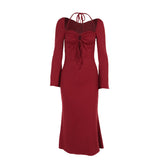 Autumn 2025 New Bag Ass Skirt Temperament Hanging Neck Long Sleeves Fine Dress Dress Woman DJPT