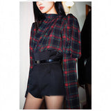 Belt) Zhao Sanguan Plaid Shirt Women 2025 Retro Plaid Shirt / High-Waisted Shorts