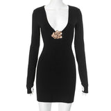 Women's Ultra-Low Collar Body-Suited And Hip Metal Decorative Sexy Dress DJPT