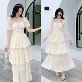 2025 Round Collar Folded Lace Yarn Cake Dress Dress