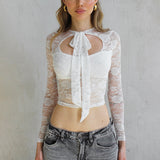 Women's 2024 Summer New Solid Color Lace Long Sleeve Strap Hollow Sexy Top DJPT