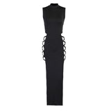 Knitted Strap Open Dress Women Women's Summer Black Sexy Dew Temperament Long Dress DJPT