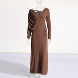 Comfort Elegance Wind 2025 Summer New V-Neck Long Sleeves Folded Asymmetric Design Dress