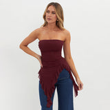 Women's Clothing 2024 New Solid Color Repair Irregular Lotus Leaf Side High-Waist Net Yarn Top DJPT