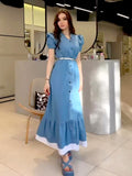 Summer Gentle First Love Style Slime Button Thin Lace Long Dress