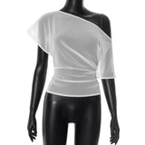 Women's Summer New Sexy Slim Slim Solid Color Oblique Shoulder Perspective Top DJPT