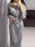 Women's 2024 Summer New Long Dress Temperament Loose Metal Decoration V Tie With Dress