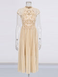 Wind Champagne Embroidered Dress Mid-Long Dress 2025 New Female Collar Bag Sleeve Design Waist Dress