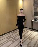Big Show Back Black Brooch Knitted Dress High-End Famous Temperament Pure Shoulder Dress Dress