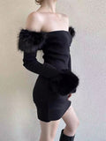 Zhiya With The Same Sexual Passion Shoulder Hair Collar Slim Thin Knit Long-Sleeved Ass Dress Woman