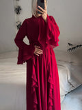 New Chiffon Ear Splicing Chiffon Temperament Half-High Collar Long Dress