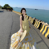 Style Beach Skirt Casual Temperament Hanging Neck Top Two Sets + Print Long Skirt Set