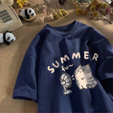 Cotton Shoulder Summer New Round Collar Short-Sleeved T-Shirt Cute Kitten Print Loose Blouse DJPT