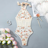 Neck Deep V-Joint Clothing Mesh Spliced Steel Ring Fish Bone Girded Waist Print Bikini Woman DJPT