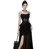 Black Sling Dress Woman Summer Niche High-Sensance Hottie Open Fork Long Skirt