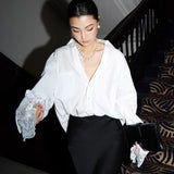 Zhao Sanguan 2024 New White Lace Shirt Pure Desire Loose V Collar Top