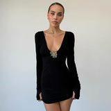 Women's Ultra-Low Collar Body-Suited And Hip Metal Decorative Sexy Dress DJPT