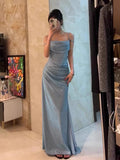 Mermaid Spaghetti Straps Blue Sequin Prom Dresses Birthday Outfits With Ruffle SD1139 HZ0628