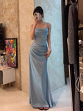 Mermaid Spaghetti Straps Blue Sequin Prom Dresses Birthday Outfits With Ruffle SD1139
