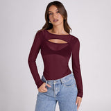 Women's Summer 2024 New Solid Color Long Sleeve Bottom Net Slamm Slamm An Empty Top DJPT