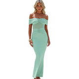 Women's Solid Color Bare Back One-Word Shoulder Shrinkage Folded And Hip Long Dress DJPT