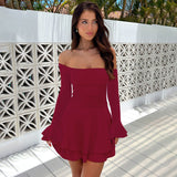 Women's Clothing 2024 Solid-Color Shoulder Horn Sleeve Dress DJPT