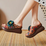 Of The Pig Skin National Wind Flower Print Big Flower Summer Retro Hollow Fish Mouth National Wind Drag High Quality Shoes