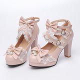 Sweet Bow Lolita Lace Candy Shoes Coarse Heel Single Shoes 32-43 Shoes High Quality Shoes