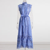 Retro Niche Design 2025 Summer Collar Sleeveless Hollow Perspective Design Solid Color Long Dress Dress Women's