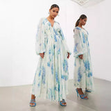 Women's Printed Chiffon Dress V Collar Folded Waist Drawstring Long Sleeve 8042 HZ0628