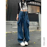 Kong Style Retro Big Pocket Workwear Jeans Women's Spring And Autumn Tide Straight Loose Hanging Wide Leg Trousers DJPT