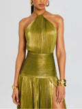 Women's Metallic Metallic Folding Fork With Hanging Neck Dress Sleeveless Back 8155 HZ0628