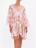 Niche Silk Silky Retro Court Print V Collar Horn Sleeves Loose Waist Small Flowing Dress
