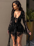 Women's Lace Lotus Leaf With Long Sleeves With Seat Pants Dress DJPT