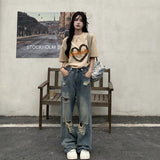 Ripped Jeans Women High-Rise Straights Loose Thin Design High Street Vibe Broad Leg Trousers DJPT