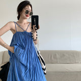Desire Blue Folded Seaside Vacation Sling Dress Women Summer Sanya Tour Wearing Pictures Beach Long Skirts