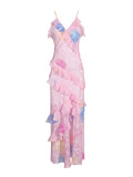 Suspension Dresses Spring 2025 New Fashion Pink-Print Leaf-Side Dress Woman