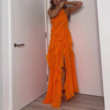 Women's New Sleeveless Irregular Lotus Leaves Side Solid Color Open Dress HZ0628