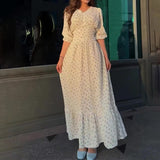 Women's Summer V-Neck Lantern Half-Sleeved High-Waisted Temperament Splicing Dress