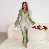 Autumn 2025 New Long Dress Temperament Body Printing Irregular Hem Dress Woman DJPT