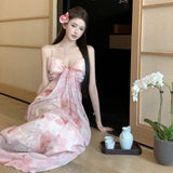 Flower And Haffin Dress Summer Temperament High-End Feeling Waist-Scared Slings Long Skirts