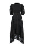 Elegant Style Dress 2025 New Round Collar Bubble Bubble Sleeve Lace Belt Fashion High-End Dress