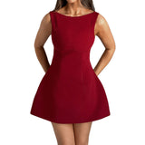 New Women's Solid Color Round Neckless Sleeveless High-Waisted Dress DJPT