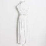 Leisure Dress 2025 Summer New Simple Style Collar Sleeveless Hollow Design Solid Female Dress