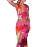 Hanging Neck Print Umbilled Blouse 2025 Summer New Tight-Up Bag Hip Skirt Suit Woman DJPT