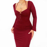 Autumn 2025 New Bag Ass Skirt Temperament Hanging Neck Long Sleeves Fine Dress Dress Woman DJPT