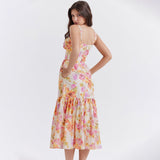 New Long Dress Print Sling Skirt Word Shoulder Fold Lace Crumped Dress