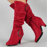 Velvet Spring And Autumn Women's Boots Belt Buckle High Barrel Knight Boots Coarse Heel Shoes Wish High Quality Shoes